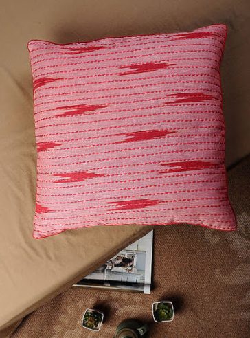 Kantha on Ikkat- Pink-Kantha cushion cover