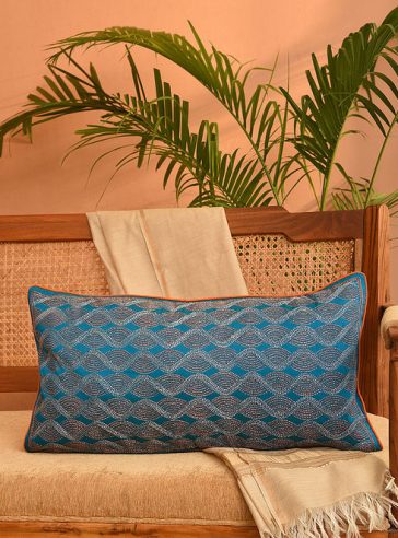 Plaids- Blue- Kantha cushion cover | 14"x26"| Rectangular | Blue colour