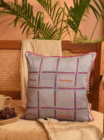 Kantha Grids- Exquisite Kantha cushion covers 16"x16", square, hand made, hand embroidered