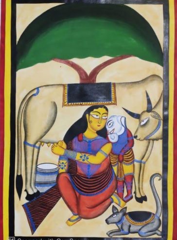 Coy Baby Ganesha & Mother Parvati-Bengal Pattachitra