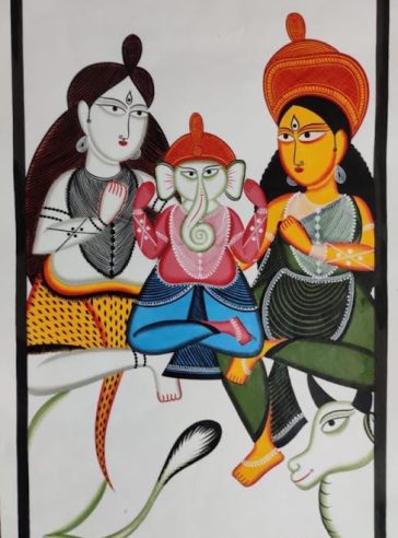 Shiva,Parvati & Ganesh- Lord-Bengal Pattachitra