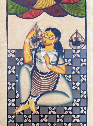 With her pets - Bengal Pattachitra