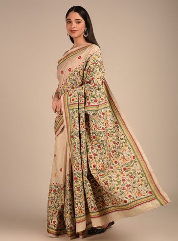 Pakhi- Kantha embroidered on pure Tussar Silk