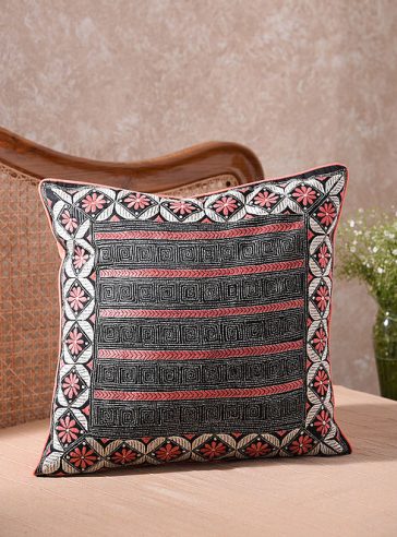 Pretty floral & squares- Kantha embroidered cushion cover