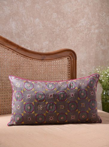 Pretty circles & squares- Kantha embroidered Cotton cushion cover, 14"x26"(inches), rectangular shape