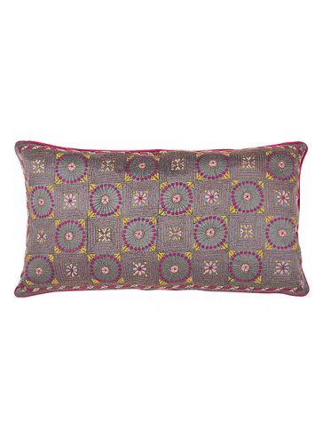 Pretty circles & squares- Kantha embroidered Cotton cushion cover, 14"x26"(inches), rectangular shape