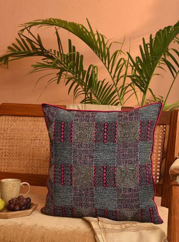 Kimi- Kantha embroidered Cotton cushion cover, 20"x20" (inches)