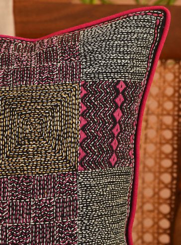 Kimi- Kantha embroidered Cotton cushion cover, 20"x20" (inches)