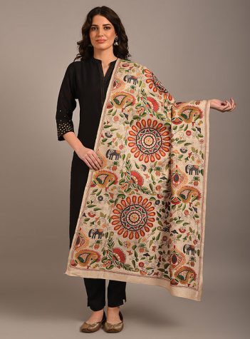 Graam Bangla- Kantha embroidered on pure Tussar Silk Dupatta