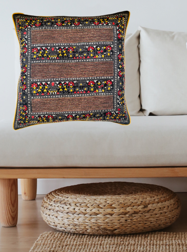 Colourful Folklore - Kantha embroidered Cotton cushion cover 18" x 18" (inches)