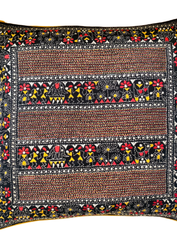 Colourful Folklore - Kantha embroidered Cotton cushion cover 18" x 18" (inches)