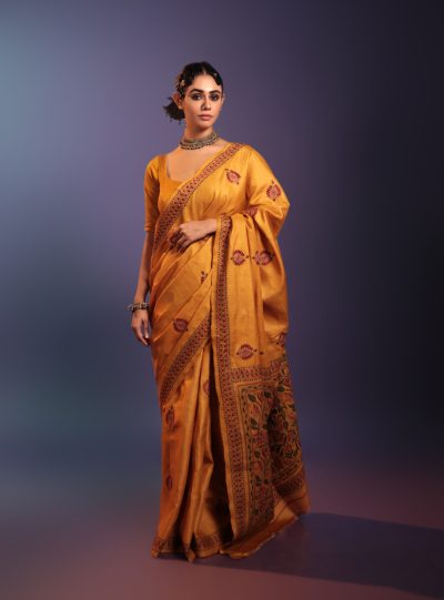Bani- Kantha embroidered on pure Tussar Silk Saree