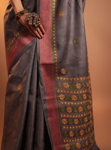 Dhriti- Kantha embroidered on pure Tussar Silk Saree