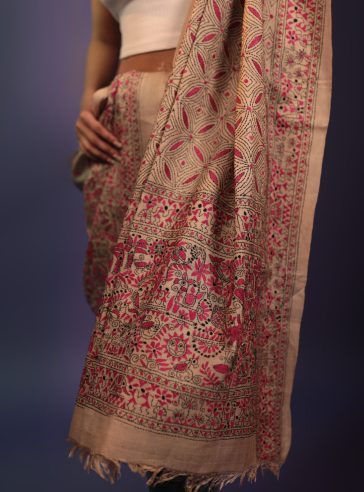 Krishnachura- Kantha embroidered on pure Tussar Silk Dupatta/Shawl