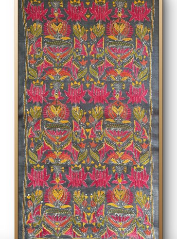 Lotus & fish- Kantha embroidered wall art- Charcoal Black