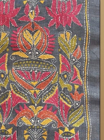 Lotus & fish- Kantha embroidered wall art- Charcoal Black