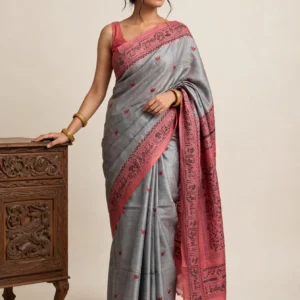 Aindri- Kantha embroidered on pure Tussar Silk Saree