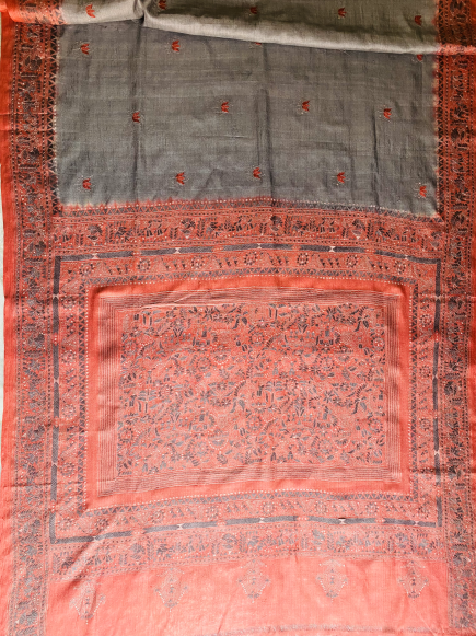 Aindri- Kantha embroidered on pure Tussar Silk Saree