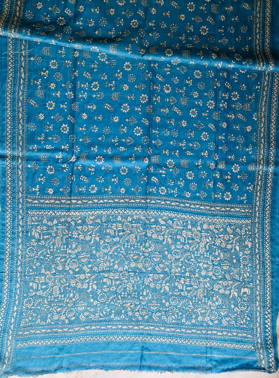 Neelambari- Kantha embroidered on pure Tussar Silk Saree