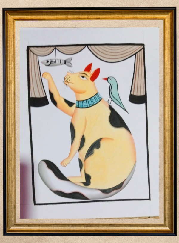 Cat & Fish I- Kalighat Pattachitra