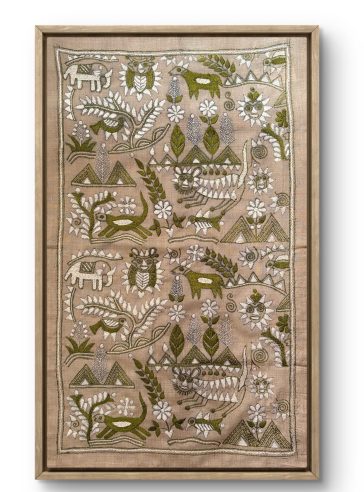 Rustic Synergy- Green- Kantha embroidered wall art-Narrow