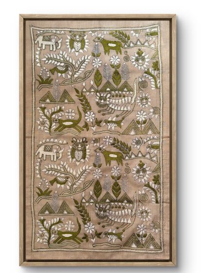 Rustic Synergy- Green- Kantha embroidered wall art-Narrow
