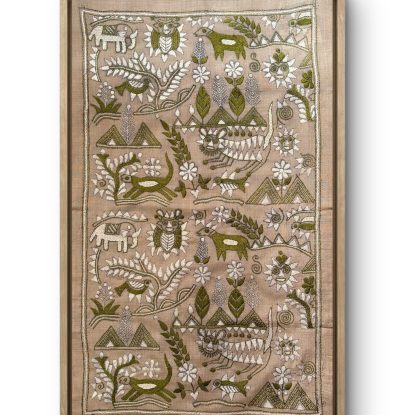 Rustic Synergy- Green- Kantha embroidered wall art-Narrow