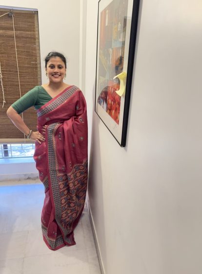 Abha- Kantha embroidered on pure Tussar Silk Saree