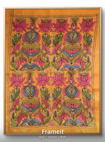 Lotus & fish- Kantha embroidered wall art- Mustard Yellow