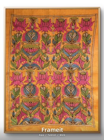 Lotus & fish- Kantha embroidered wall art- Mustard Yellow