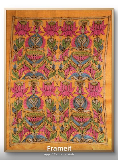 Lotus & fish- Kantha embroidered wall art- Mustard Yellow