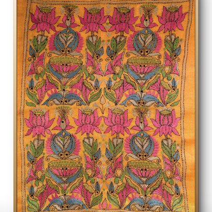 Lotus & fish- Kantha embroidered wall art- Mustard Yellow