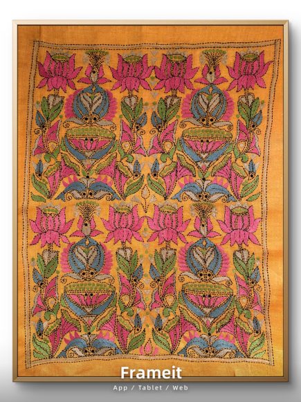 Lotus & fish- Kantha embroidered wall art- Mustard Yellow