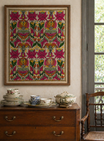Lotus & fish- Kantha embroidered wall art- 18.5" x13.5"