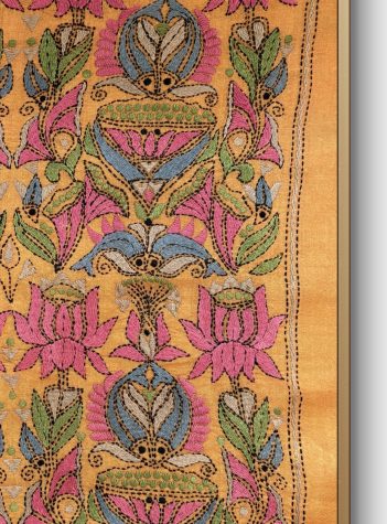 Lotus & fish- Kantha embroidered wall art- Mustard Yellow