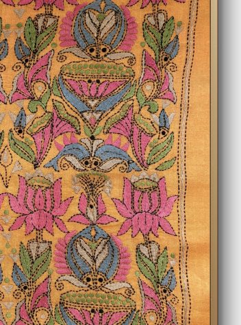 Lotus & fish- Kantha embroidered wall art- Mustard Yellow