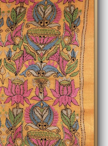 Lotus & fish- Kantha embroidered wall art- Mustard Yellow