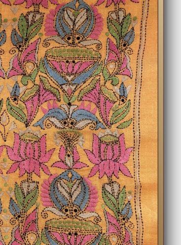 Lotus & fish- Kantha embroidered wall art- Mustard Yellow