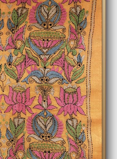 Lotus & fish- Kantha embroidered wall art- Mustard Yellow