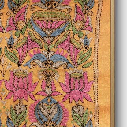 Lotus & fish- Kantha embroidered wall art- Mustard Yellow