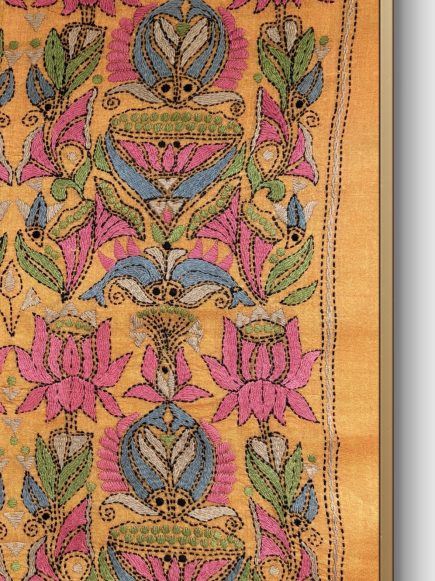 Lotus & fish- Kantha embroidered wall art- Mustard Yellow