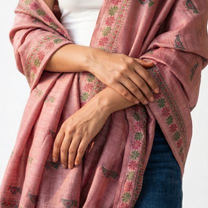 Keya- Kantha embroidered on pure Tussar Silk Dupatta/Shawl
