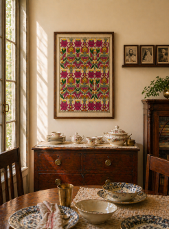 Lotus & fish- Kantha embroidered wall art- 23.3" x17.5"