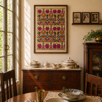 Lotus & fish- Kantha embroidered wall art- 23.3" x17.5"