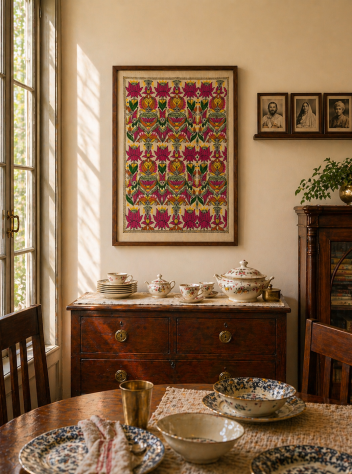 Lotus & fish- Kantha embroidered wall art- 23.3" x17.5"