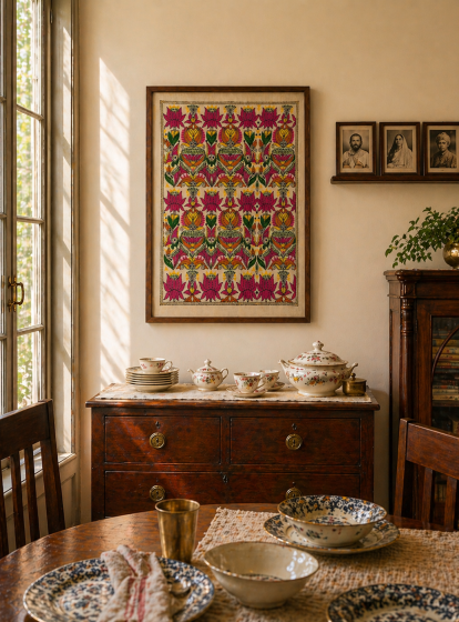 Lotus & fish- Kantha embroidered wall art- 23.3" x17.5"