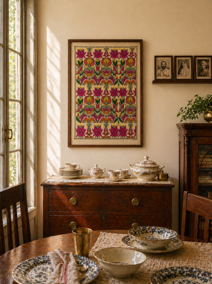 Lotus & fish- Kantha embroidered wall art- 23.3" x17.5"