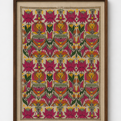 Lotus & fish- Kantha embroidered wall art- 23.3" x17.5"