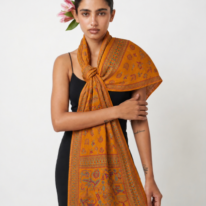 Eila Kantha Tussar Silk Stole | Handcrafted Bengal Folk Lore Textile