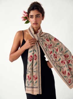 Karabi Kantha Embroidered Stole | Handcrafted Tussar Silk Floral Dupatta by Kalkatte Vaali